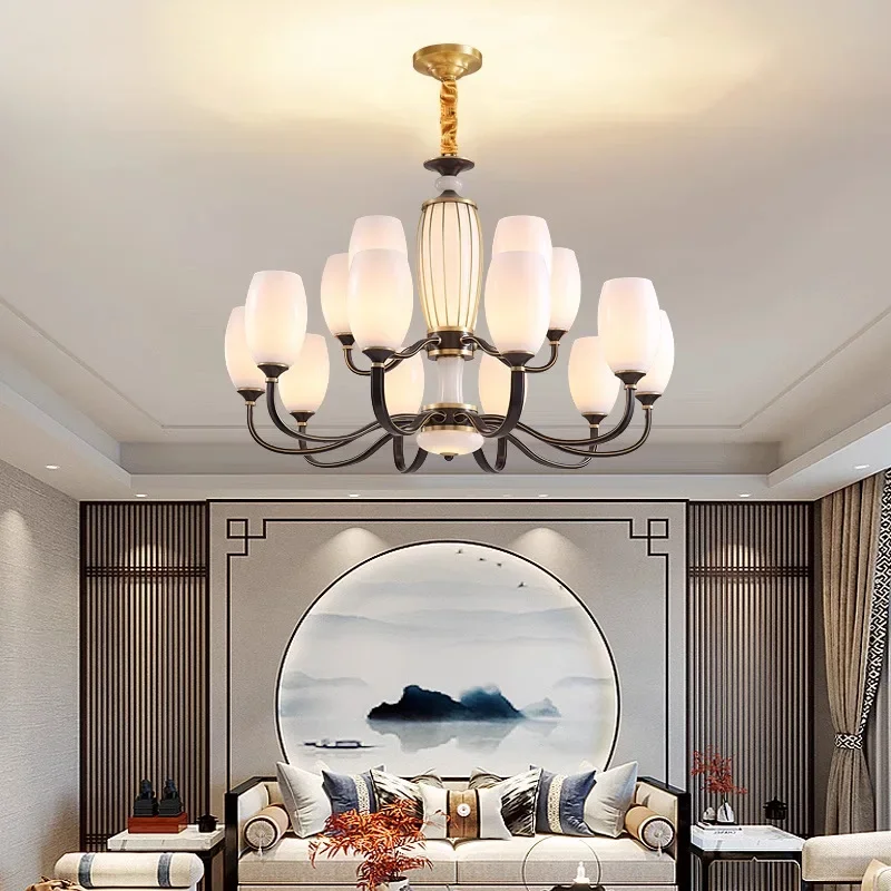 

New Chinese Style Chandelier Living Room Lamp All Copper Modern Simple Chinese Style Zen Villa Duplex Large ChandelierT 8023