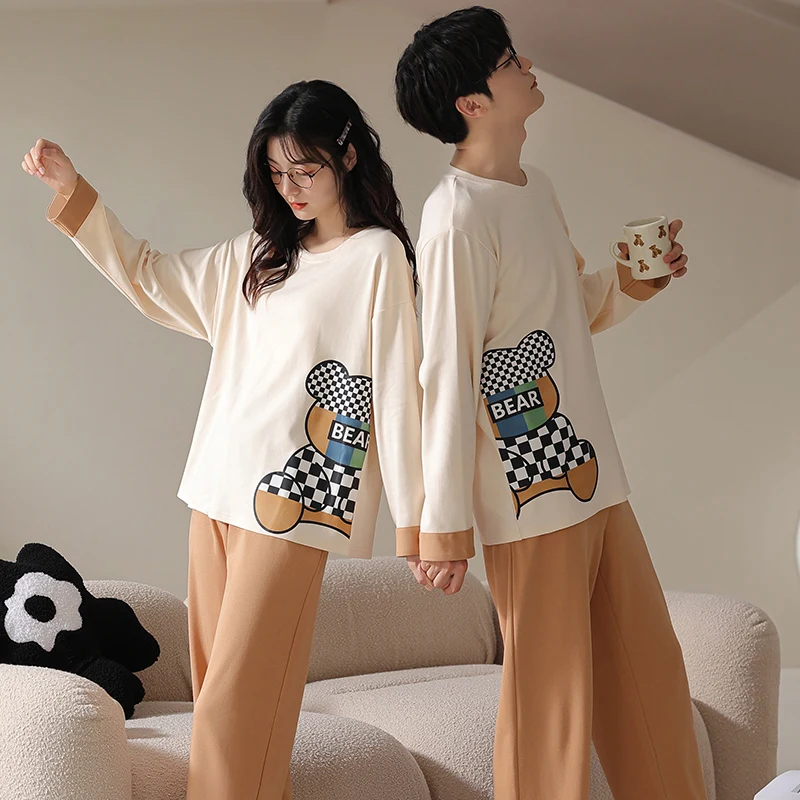 Pure cotton couple pajamas long sleeved round neck all cotton men and women's spring and autumn home casual set M-3XL