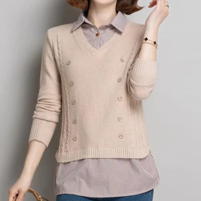 Autumn Winter Fashion Elegant Fake Two Pieces Knitted Tops Womens Clothing Korean Polo-Neck Button Patchwork Sweaters for Female