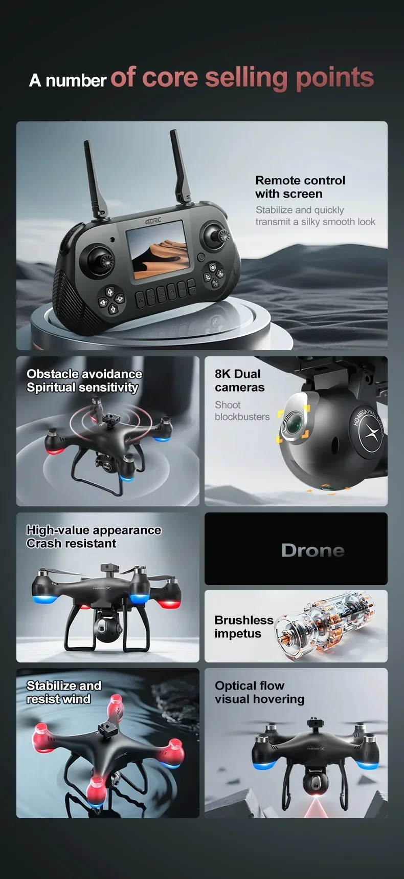 Big Screen 8K ESC Remote Control Quadcopter 2.4G Optical Flow Hover Brushless Obstacle Avoidance Screen RC Drone Screen Dron Toy