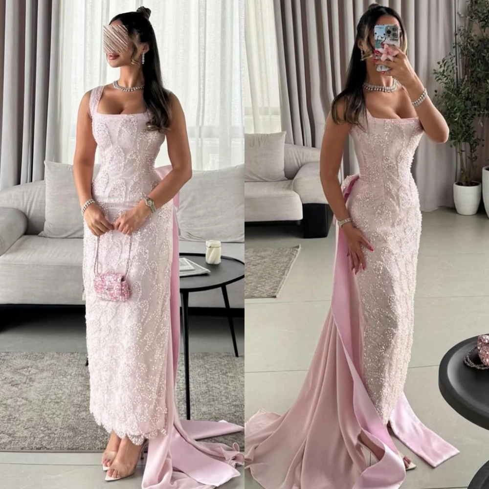 

Изящное вечернее платье с квадратным воротником по индивидуальному заказу, изысканные платья для выпускного вечера на бретельках и нежное вечернее платье с бисером