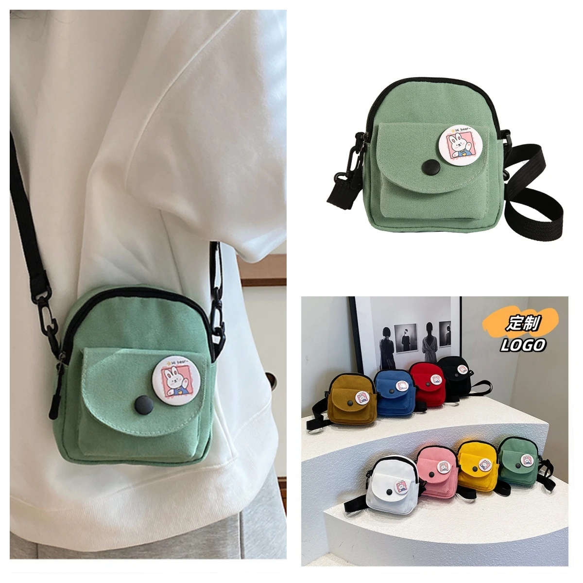 Trendy and Versatile Canvas Crossbody Bag Women Cute Wallet Small Square Bag Korean Casual Shoulder Bag Coin Purse Phone Pouch