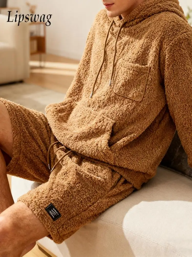 

Осень-зима, повседневная повседневная мужская флисовая одежда, стильная однотонная пушистая уютная толстовка с капюшоном и шорты, мужские модные комплекты из двух предметов