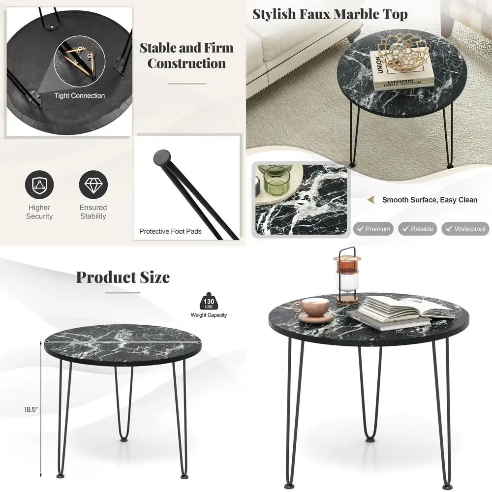 

Современный журнальный столик с мраморной столешницей и гладкими металлическими ножками, идеально подходит для гостиных и небольших зон (черный)