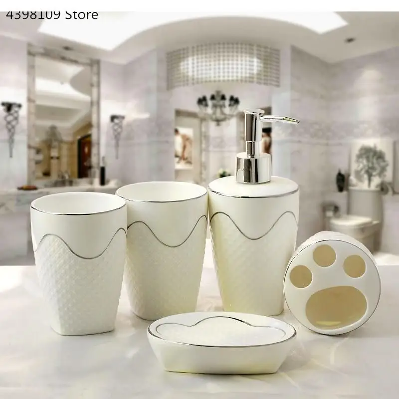 

European Embossed Bathroom Supplies Five-piece Toothbrush Holder Soap Dispenser Toothpaste Ceramic Decoration