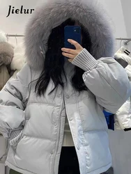 Jielur Blue Hooded Soft Warm Loose Women Parkas Korean Fashion Solid Color Basic Simple Casual Chic Zipper Pockets Female Parkas