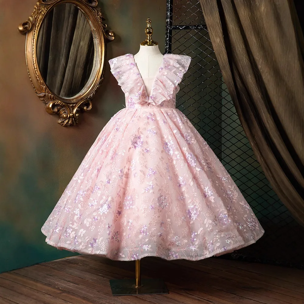 Pink Lace Embroidery Flower Girl Princess Ball Gowns Butterfly Sleeve Children Dresses For Wedding Birthday Performance Gown