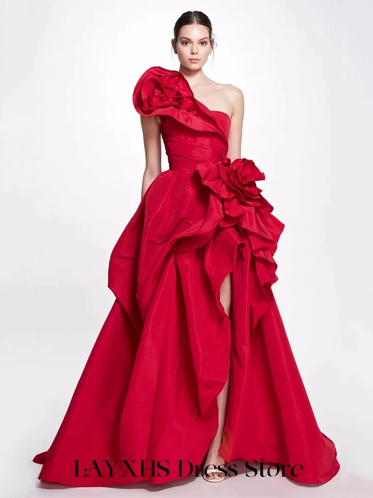 

LAYXHS Elegant Red Formal Evening Dresses One-Shoulder 3D Flower A-line Ruffle Side Slit Prom Dresses Customized فساتين سهرات