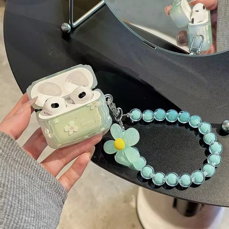 

Green Flower TPU Protective Case For AirPods 4 1 2 3 Bluetooth Earphone Cases For AirPod Pro2 Headphone Covers with Keychain