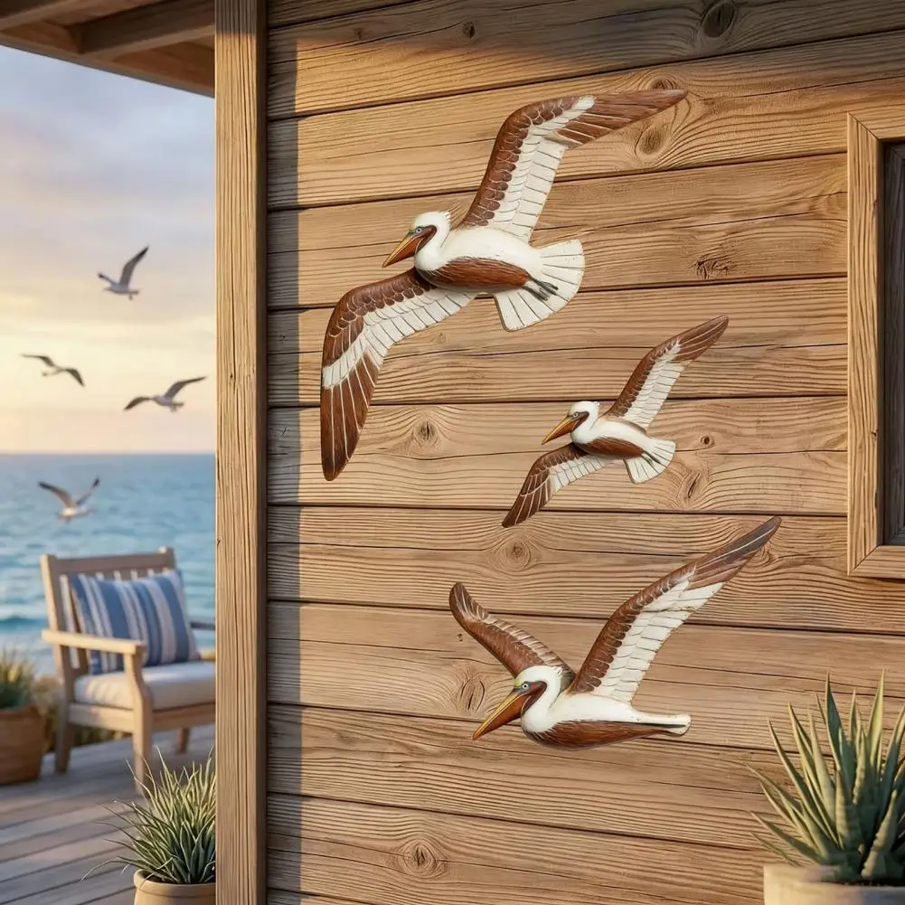 

3 Pcs Wood Pelican Wall Art Coastal Theme Wall Decor Rustic Beach Bird Ornament for Living Room Bedroom Home Decor