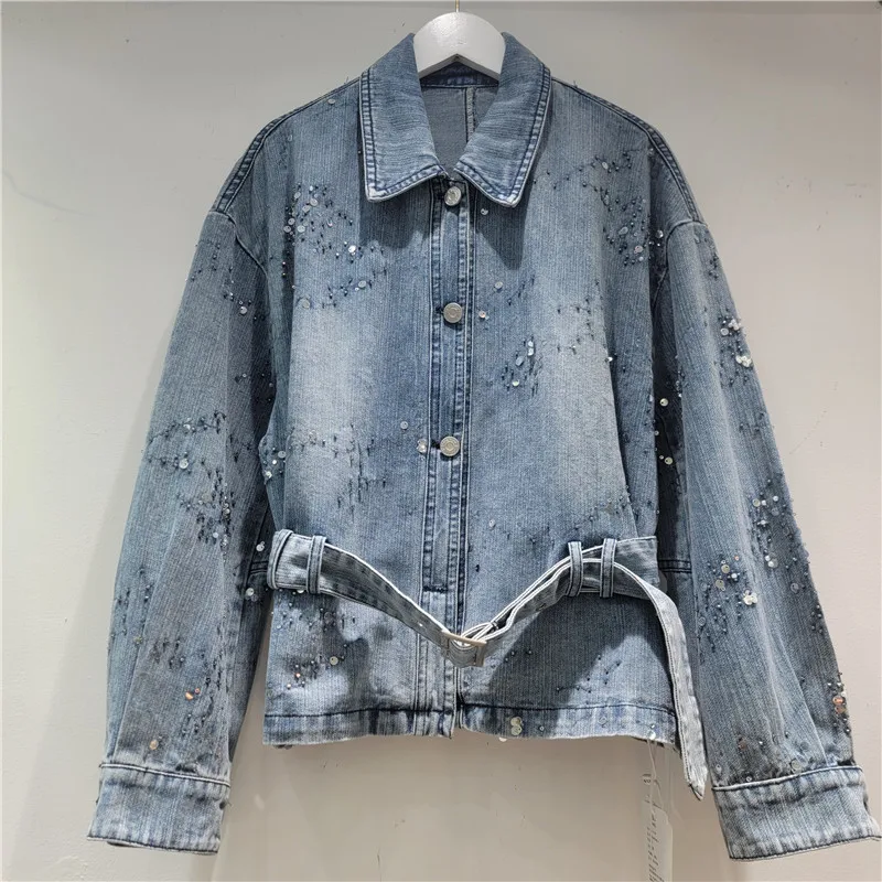 

Hot Fix Rhinestone Denim Jacket for Women 2026 Spring New American Style Vintage Coats with Sashes Personalized Long Sleeve Tops