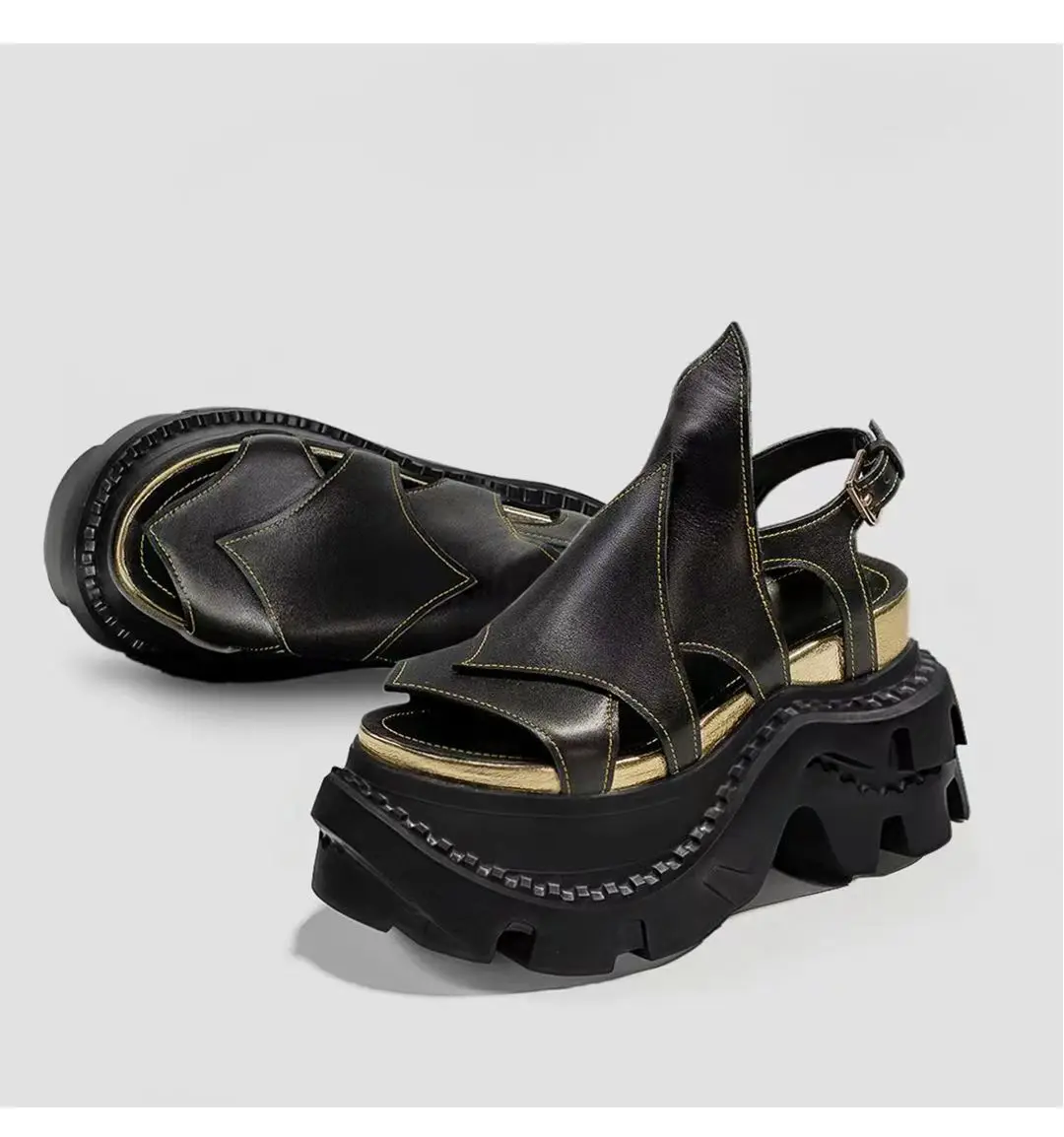 صنادل نسائية ذات نعل سميك بكعب عالي لصيف 2025 ملابس خارجية تتميز بتصميم روماني لزيادة الارتفاع بمقدمة مفتوحة