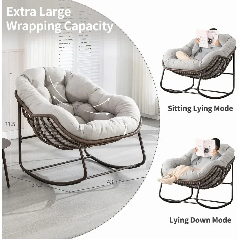 Villeston Outdoor Papasan Rocking Chair - Oversized Comfy Patio Chair Indoor Egg Royal Rattan Rocking Chair with Cushion