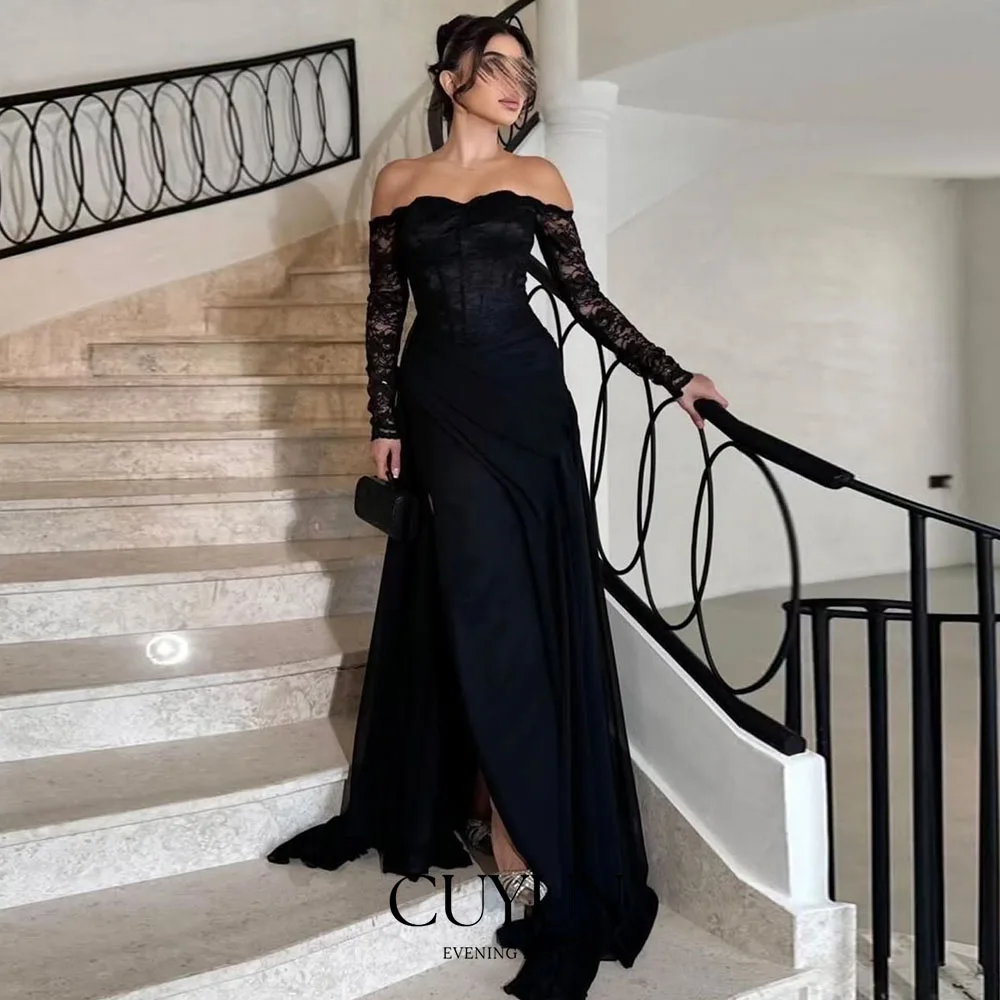 

CUYUN 3/4 Lace Sleeves Evening Gown with Slit Saudi Formal Event Dresses Customized Kuwait Dubai Long Prom Gown Banquet Dresses