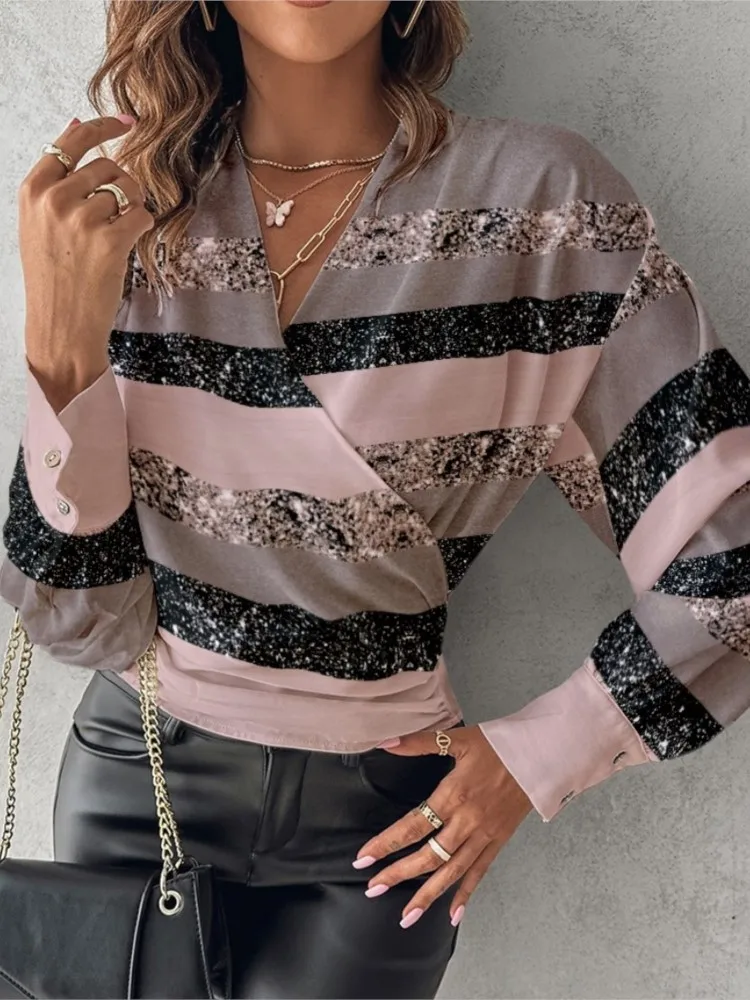 Women Fashion Print Long Sleeve Shirt Top Autumn Winter Sexy Deep V-neck Slim Waist Tops Casual Office Lady Shirts Blouses