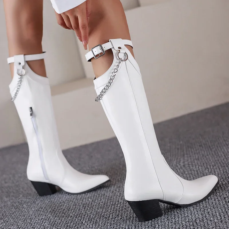 

YMECHIC Autumn Winter 2025 Sexy Riding Mid-calf Long Boots for Ladies Metal Chain Block Spike Heel Cosplay Party Shoes for Women
