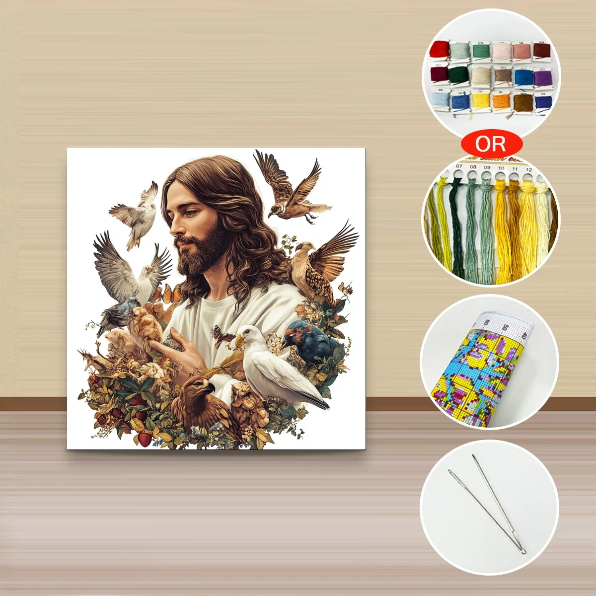 1 Stück 30x30 cm/11,8 Zoll, 11Ct/14Ct Kreuzstich-Set, DIY Valentinstagsgeschenk, Stickerei-Set für Festlichkeiten, Jesus mit Vögeln und Blumen – Detail 4