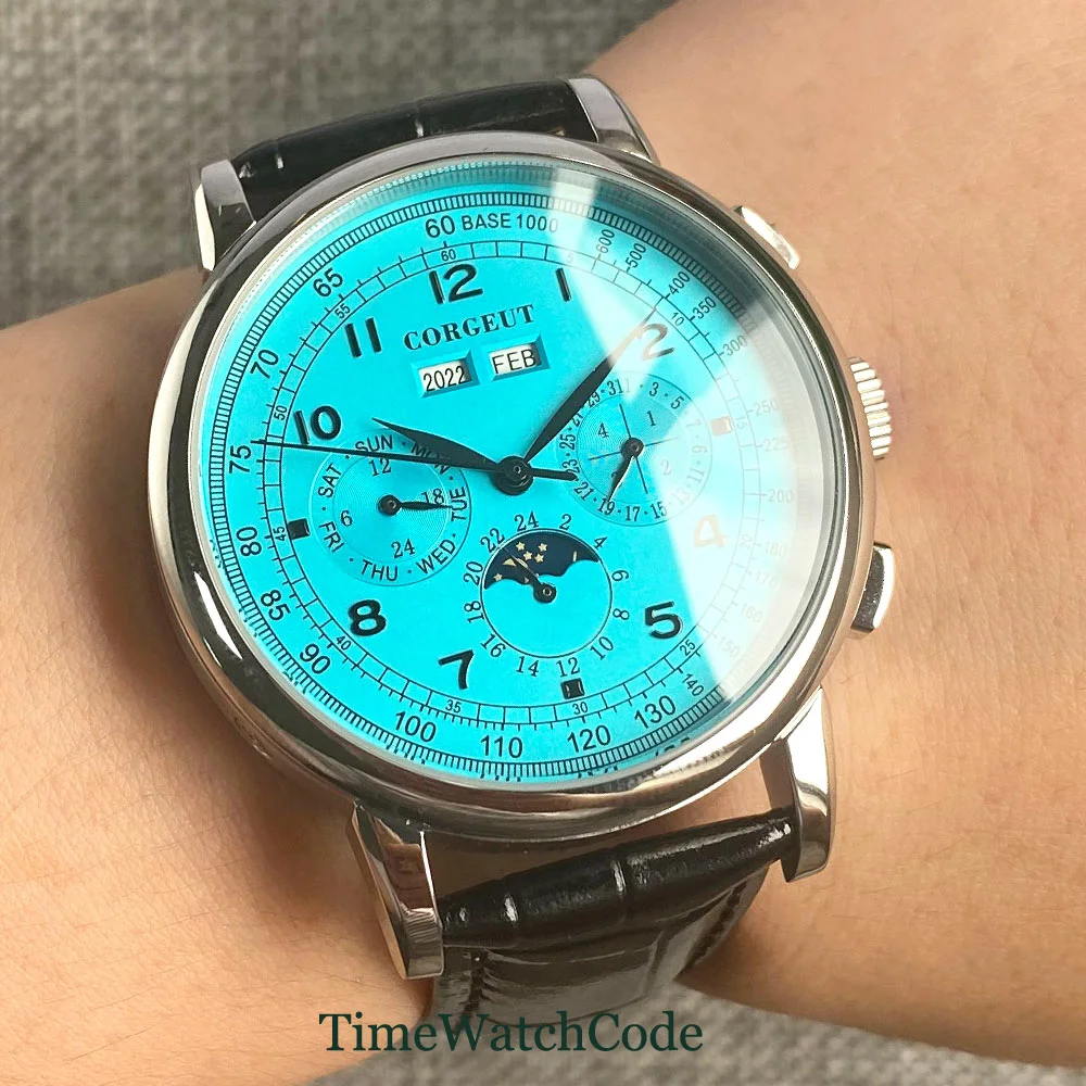 Corgeut Mannen Automatische Horloge 42Mm Dag Datum Maand Kalender Blue Dial Mechanische Horloge Dag/Nacht Lederen Band glas Terug