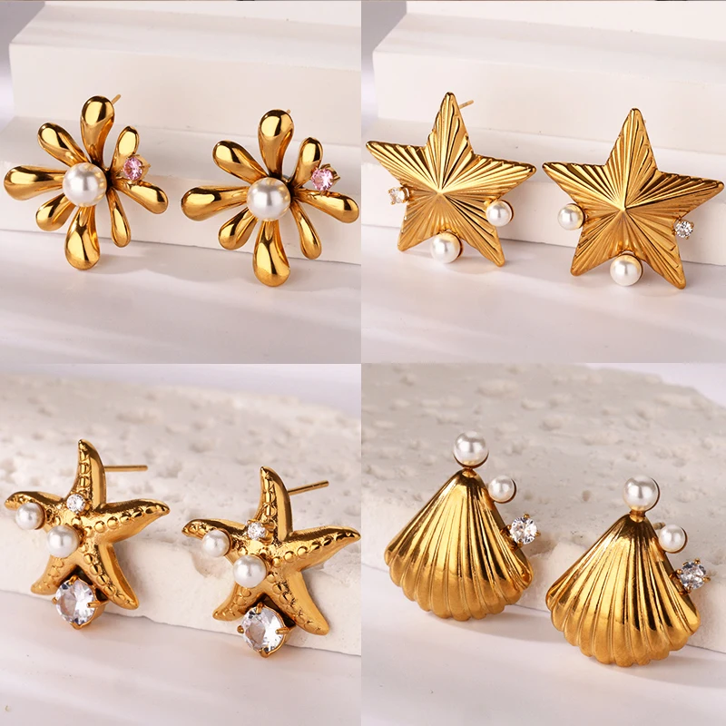 Imitation Pearl Flower Earrings for Women Stainless Steel Gold Color Starfish Earrings Fashion Wedding Jewelry Christmas Gift