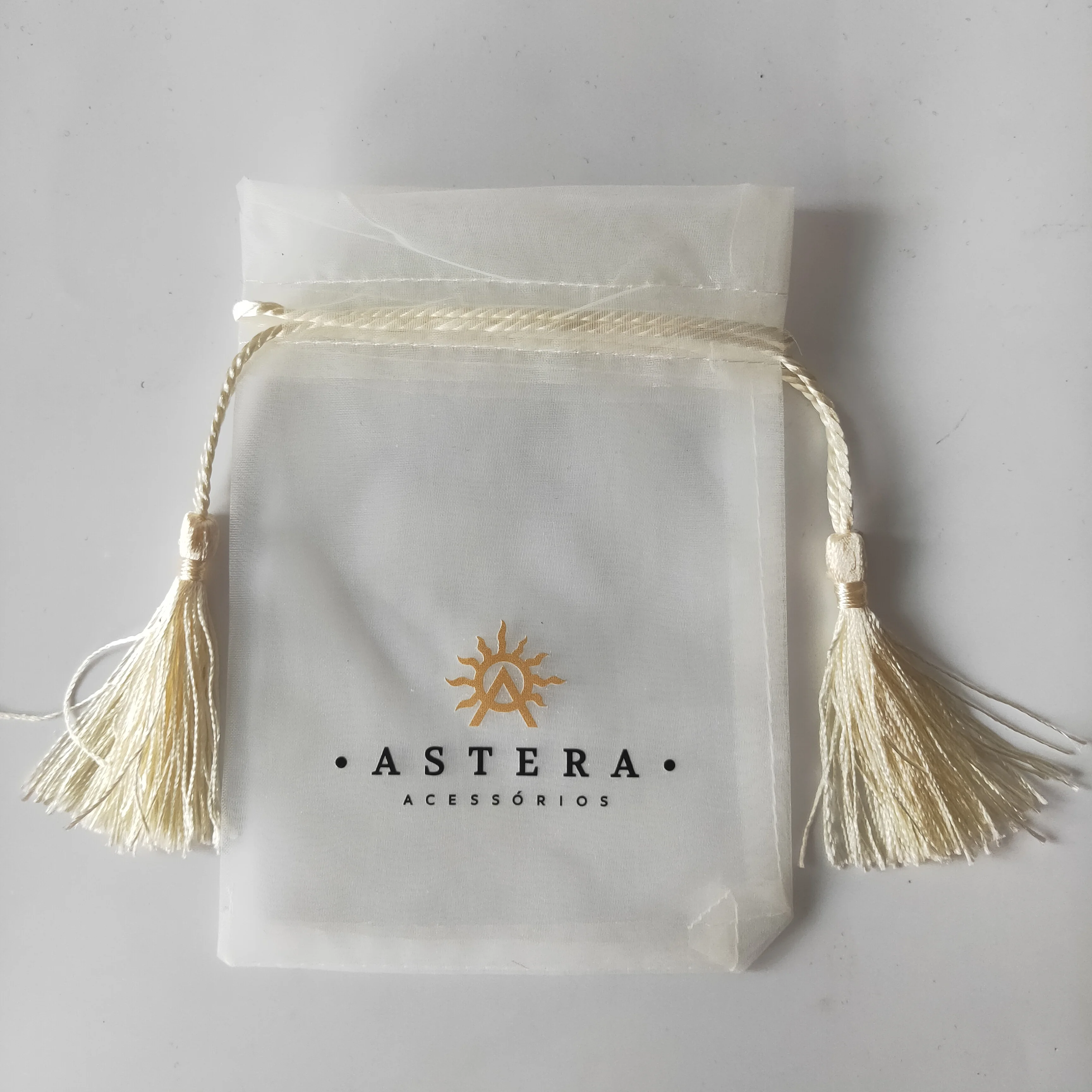 50pcs10*15CM Customized print your logo beige jewelry Cosmetic organza bag with tassel package small pouches