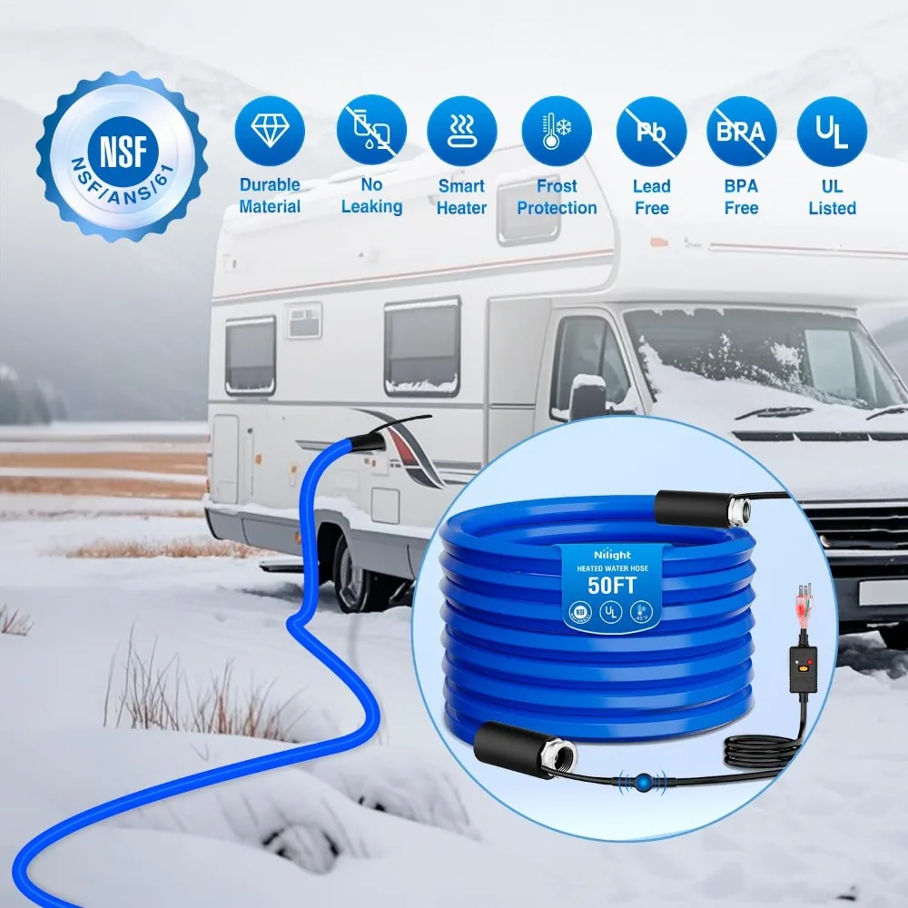 Manguera de agua calentada RV de 50 pies 5/8" de diámetro interior -45 ° Mangueras para beber de jardín anticongelantes con protección contra congelación F con ahorro de term