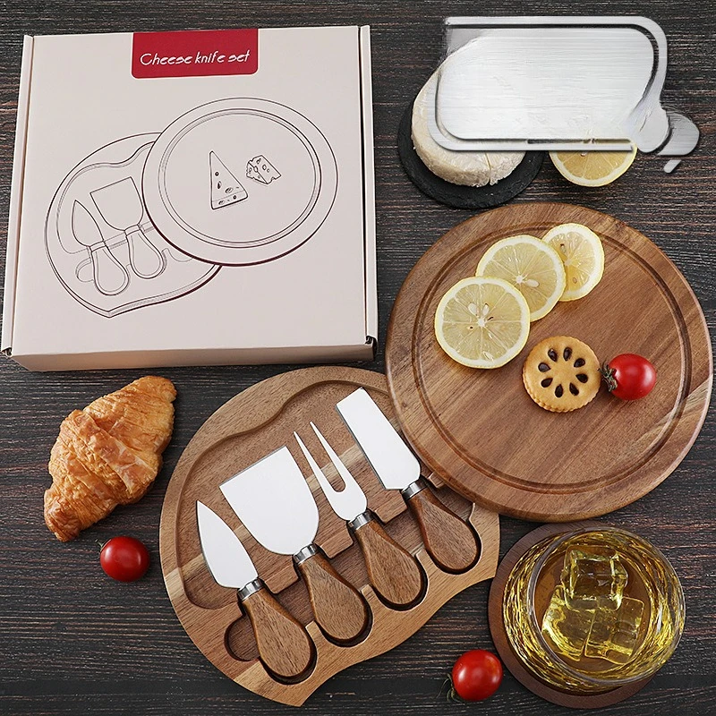 Akazien-Rundkäsebrett, Brot, Obst, Messer, Box, Kombinationsset, Käseteller, Käse, wilder Teller
