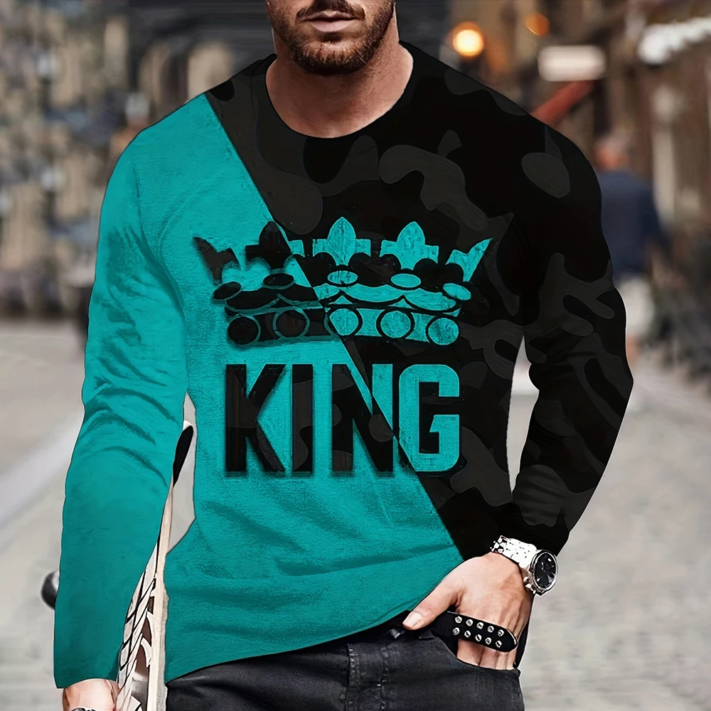 Mens T Shirt Long Sleeve Vintage King 3D Print Spring Fall Round Neck T-Shirts Casual Fashion Oversized Pullover Menswear Tops