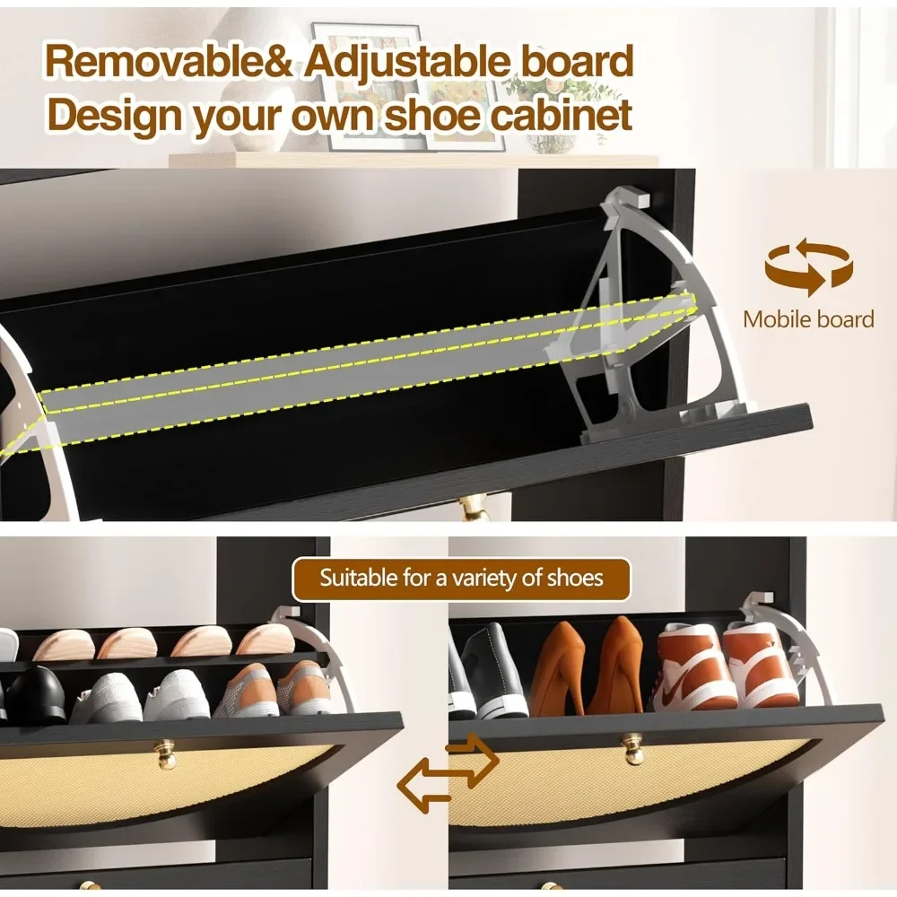 Rattan Shoe Cabinet 4 Flip Door , Freestanding Shoe Rack Storage Organizer with 3-Tier Adjustable Shelves，Shoe Rack image 3