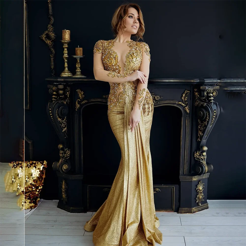 Robe de Soirée Luxueuse en Dentelle Dorée et Scintillante, Tenue de Bal de Forme Sirène à Manches sulf, Tenue Formelle de Deuxième Réception