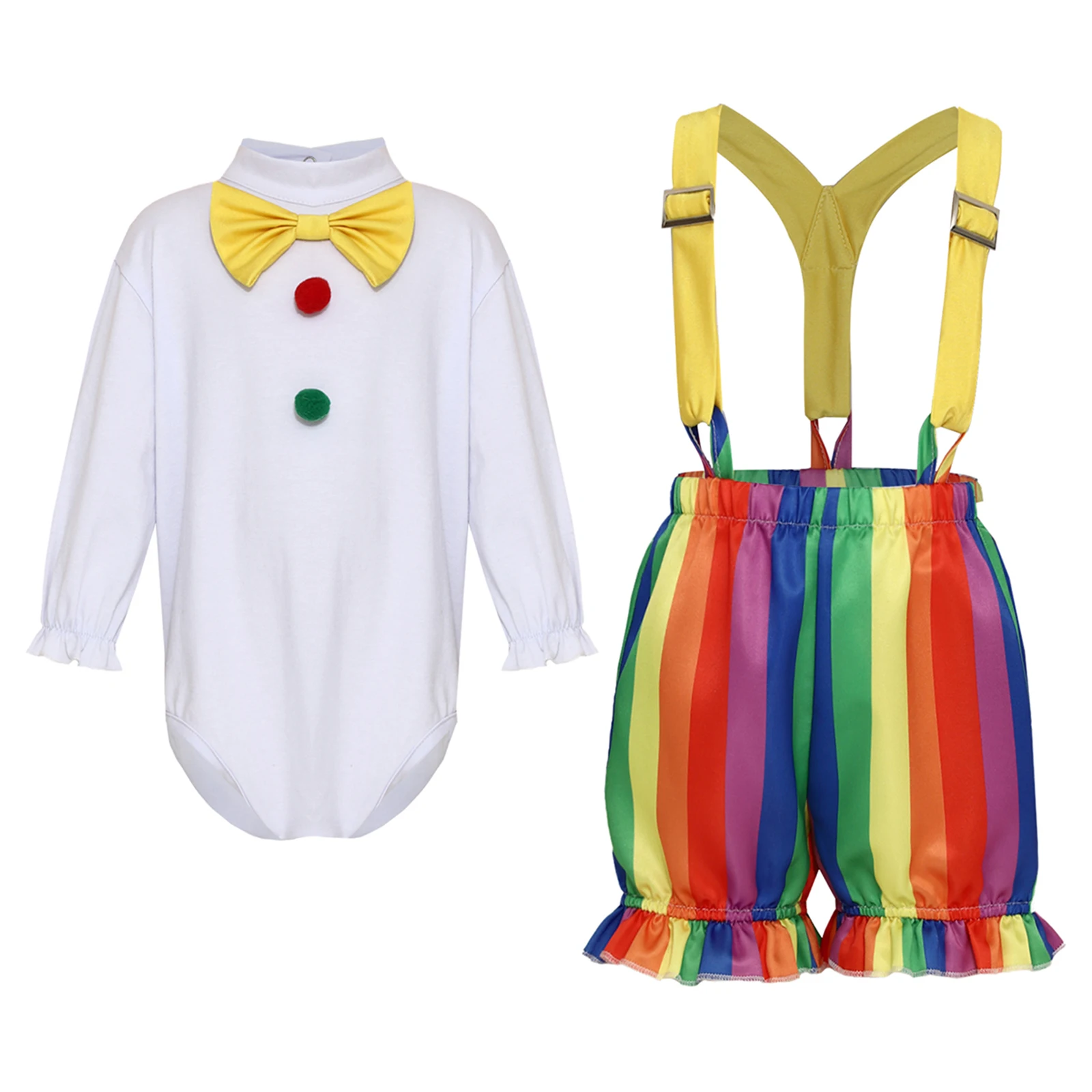 Girls Boys Roleplay Clown Clothing Outfit Costume Fancy Dress Circus Costume Pompom Rompers + Colorful Suspenders Shorts view 3