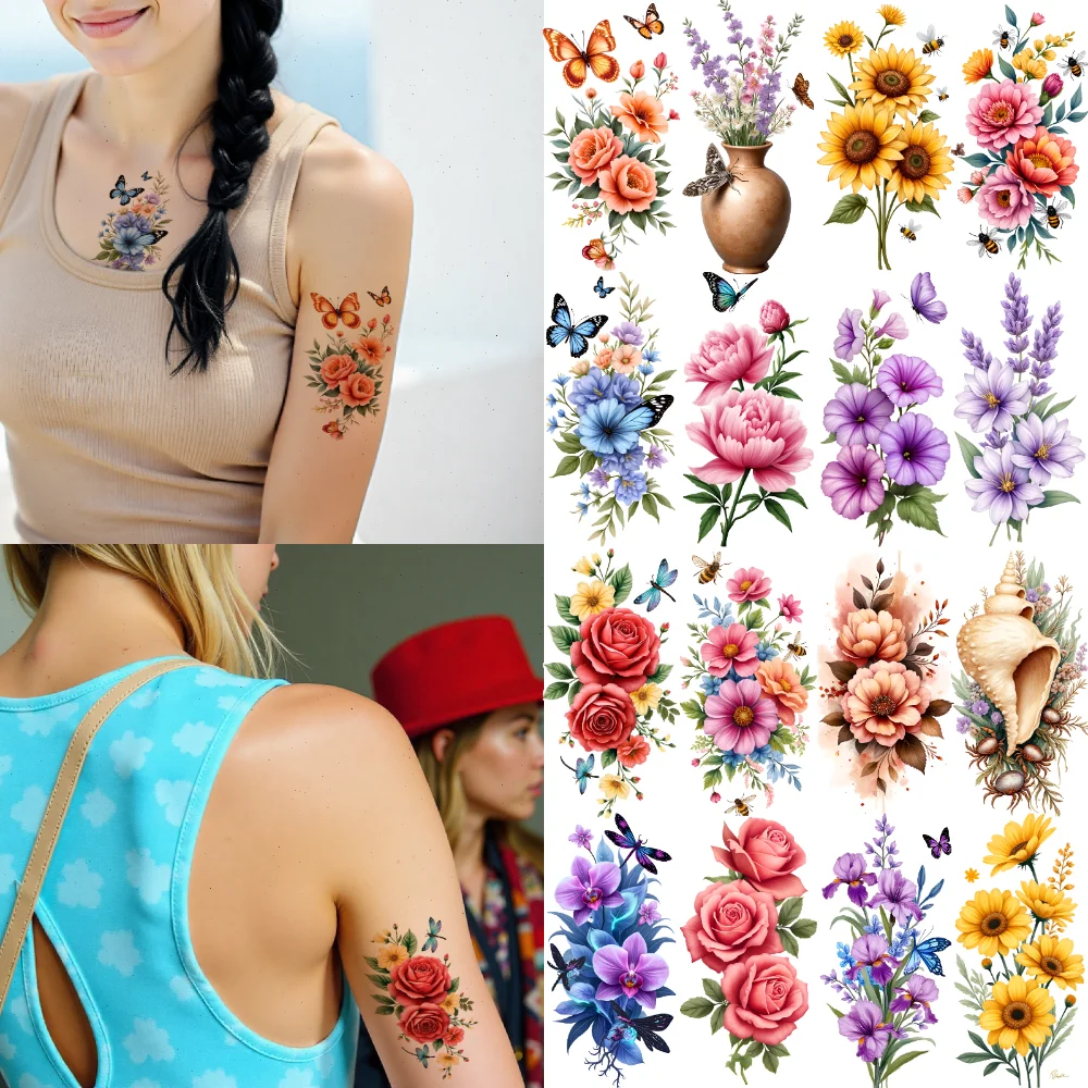 

12pcs Temporary Tattoo Floral Stickers Temporary Tattoo Stickers Decorative Stickers Colorful For Arms Thighs Adult