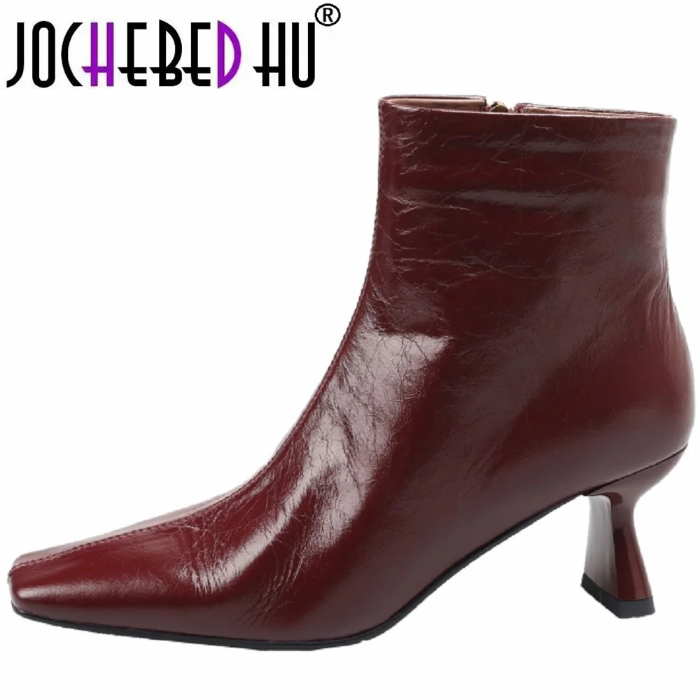 

【JOCHEBED HU】Women Ankle Boots Real Leather Thick High Heel Office Lady Dress Short Booties female daily 34-40