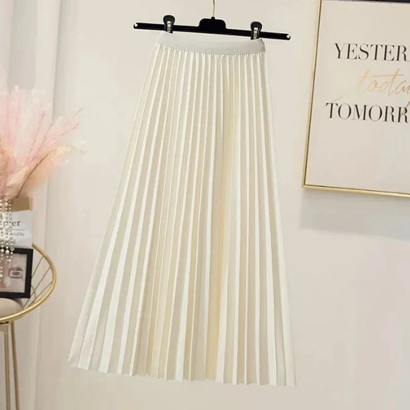 2025 Estate femminile coreano Slim Fit gonne sottili Lady tinta unita a vita alta abito medio-lungo ragazze gonne a pieghe a trapezio allentate
