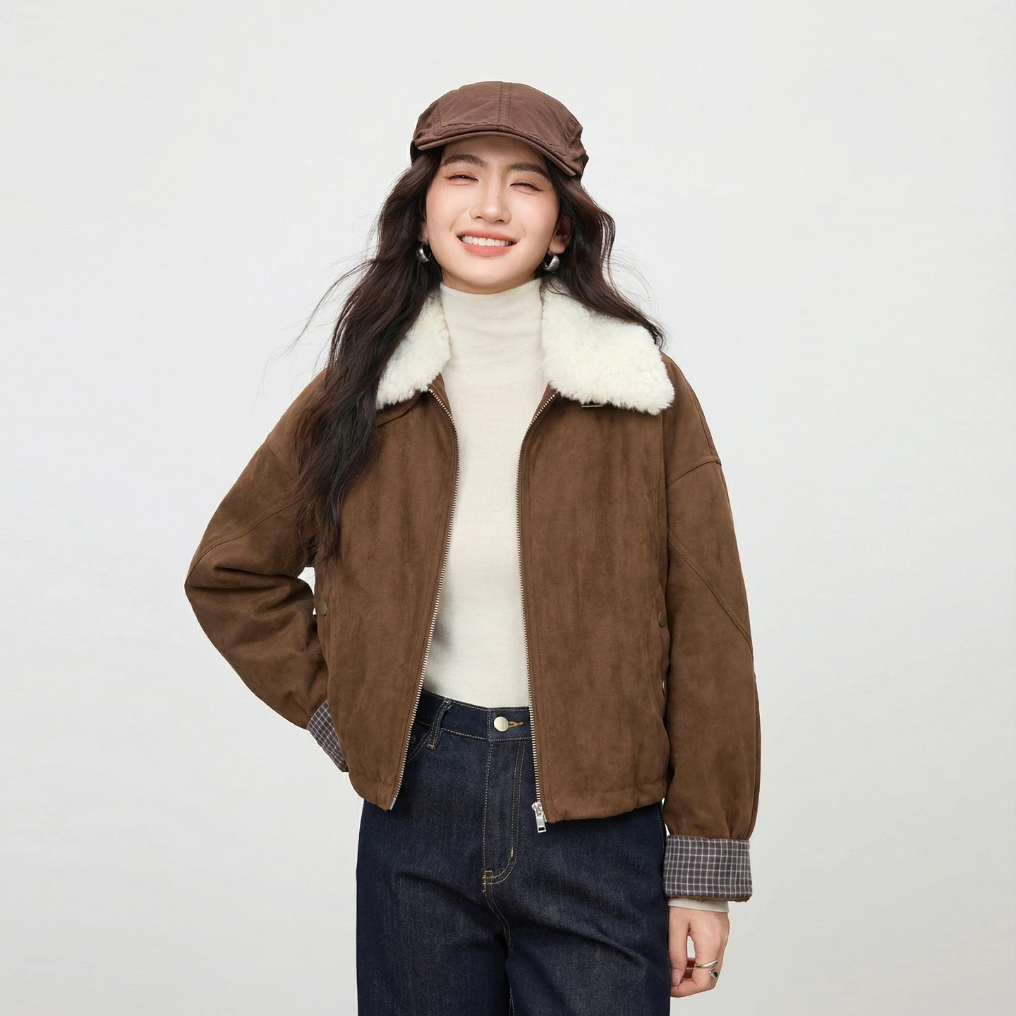SENTUBILA Women's Brown Parkas 2026 Plush Lapel Neck Patchwork Plaid Short Quilted Coat Winter Retro Female Outerwears W64MD6621