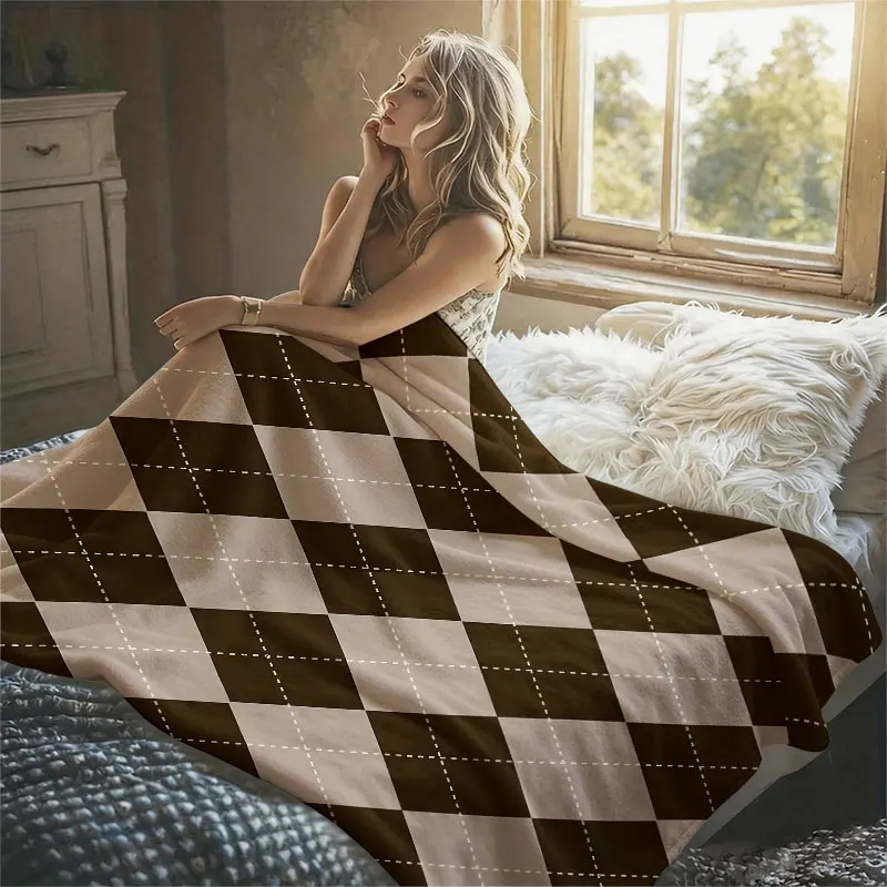 Brown Argyle Flannel Blanket Warm Soft Halloween Christmas Decorative Couch Warm Cozy All-Season Gift