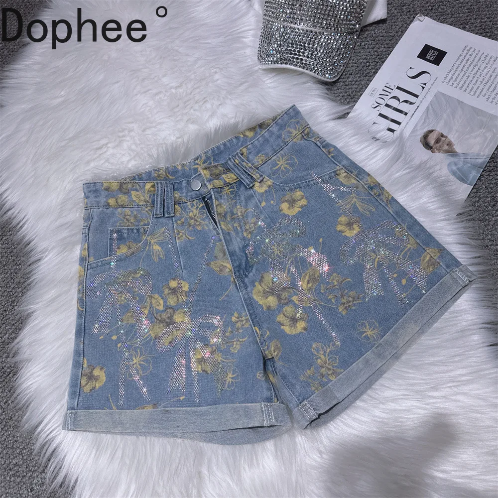 

All-match Flower Printing Women Denim Shorts 2025 New Summer Bow Hot Drilling High Waist Short Jeans Wide Leg A-line Shorts