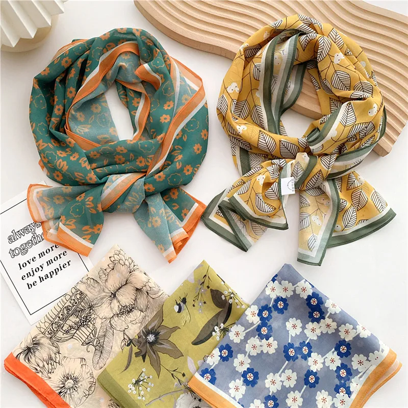 Print Flower Leaf Gauze Scarves Fashion Bandana Camping Shade from the Sun Long Scarf Shawl Wraps Headband Neckerchief for Women