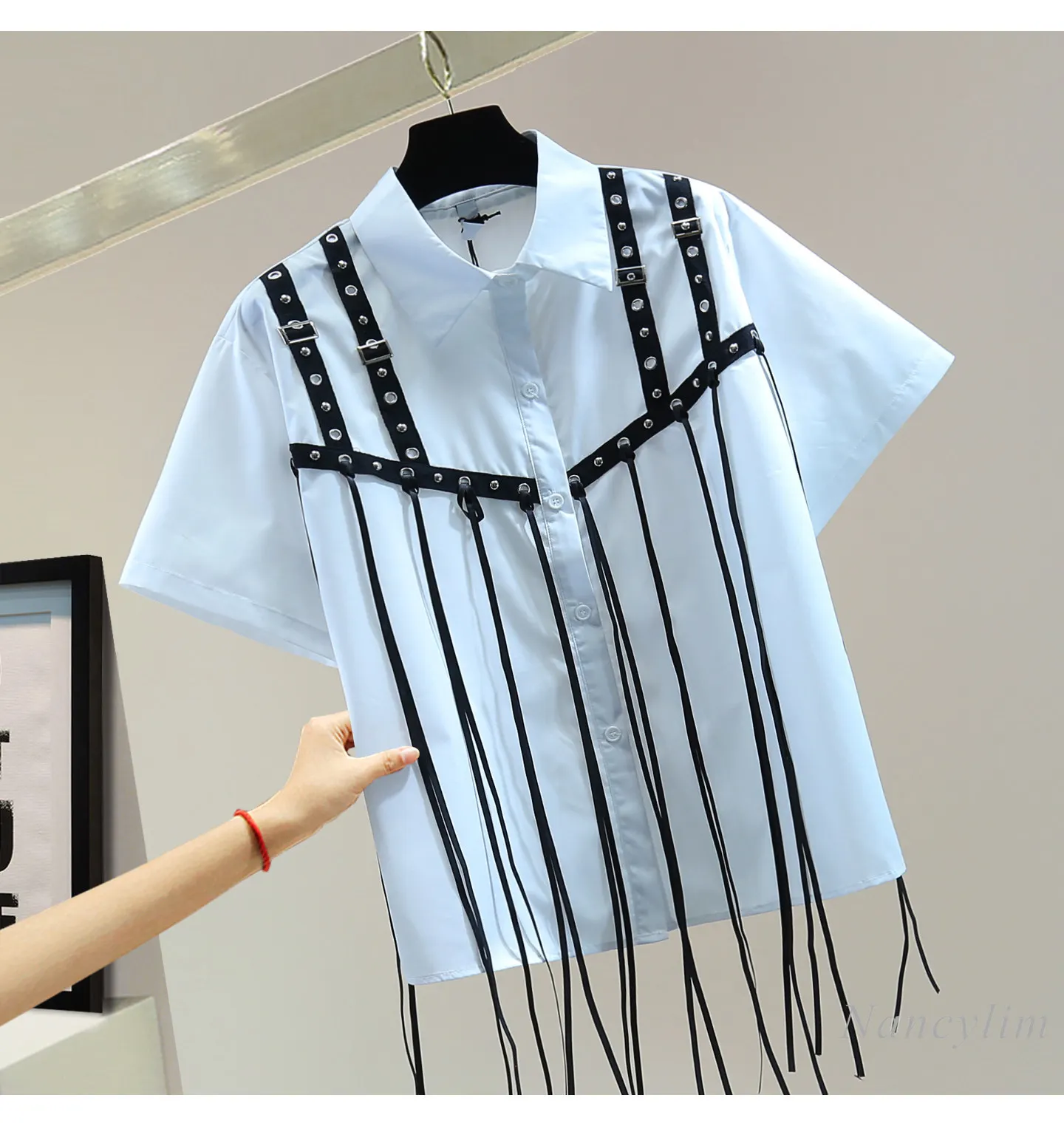 

Contrast Color Stripes Straight Shirt for Women, 2026 Summer Loose Slimming Look Tassel Short-sleeved Casual Blouse Trendy
