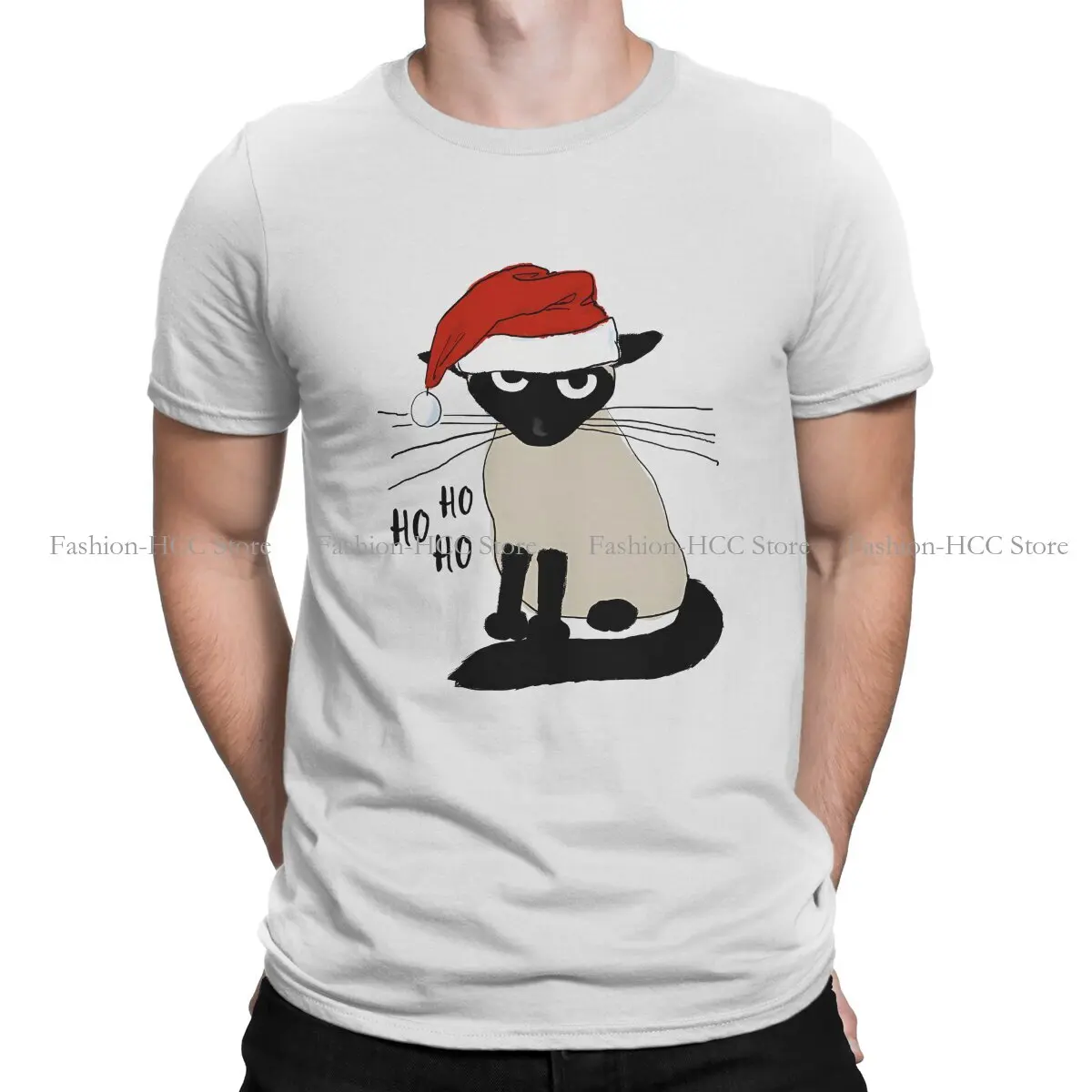 Santa Humorous Christmas Holiday Kitty Fashion TShirts Siamese Cat Male Harajuku Tops T Shirt Round Neck