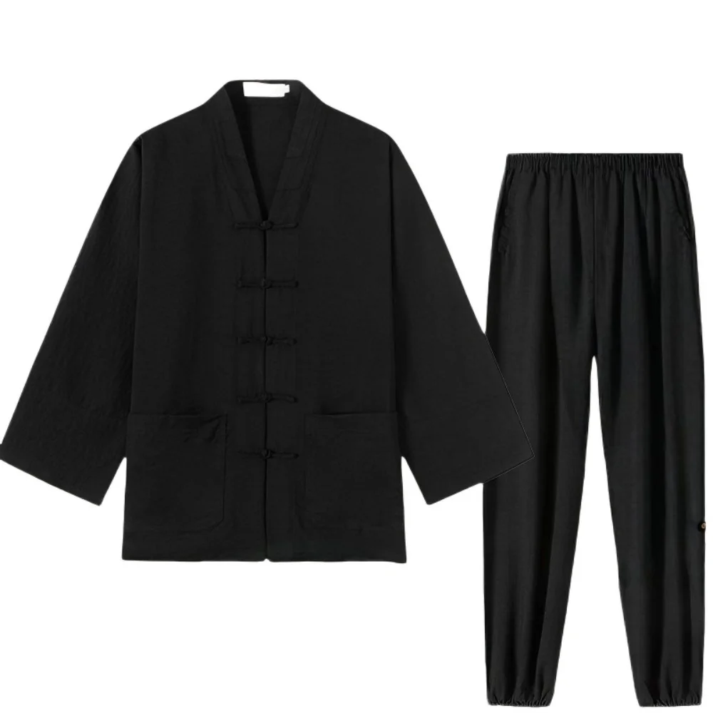 CLYFAN Classic Taoist Uniform Set Chinese Tang Style Frog Button Zen Meditation Clothing Loose Elastic Waist Wudang Kung Fu Suit