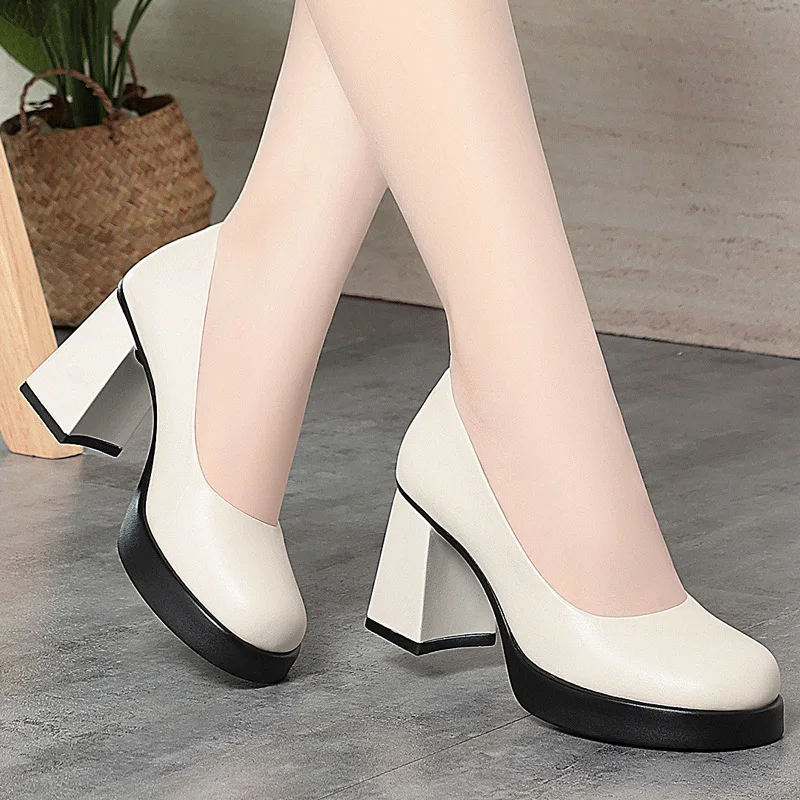 

8cm Breathable Elegant Shallow Soft Leather Shoes Platform Pumps 2026 Fall Block High Heels Shoes for Office Dress Court Model