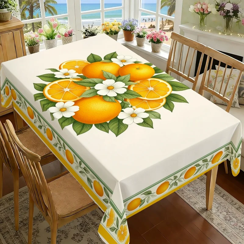 1pc Orange Slice Floral Printed Tablecloth, Full-print Design, Citrus Themed Elements, Ideal for Dining Table Decoration, Indoor & Outdoor Dining, Picnics, Dinners and Restaurant Decor