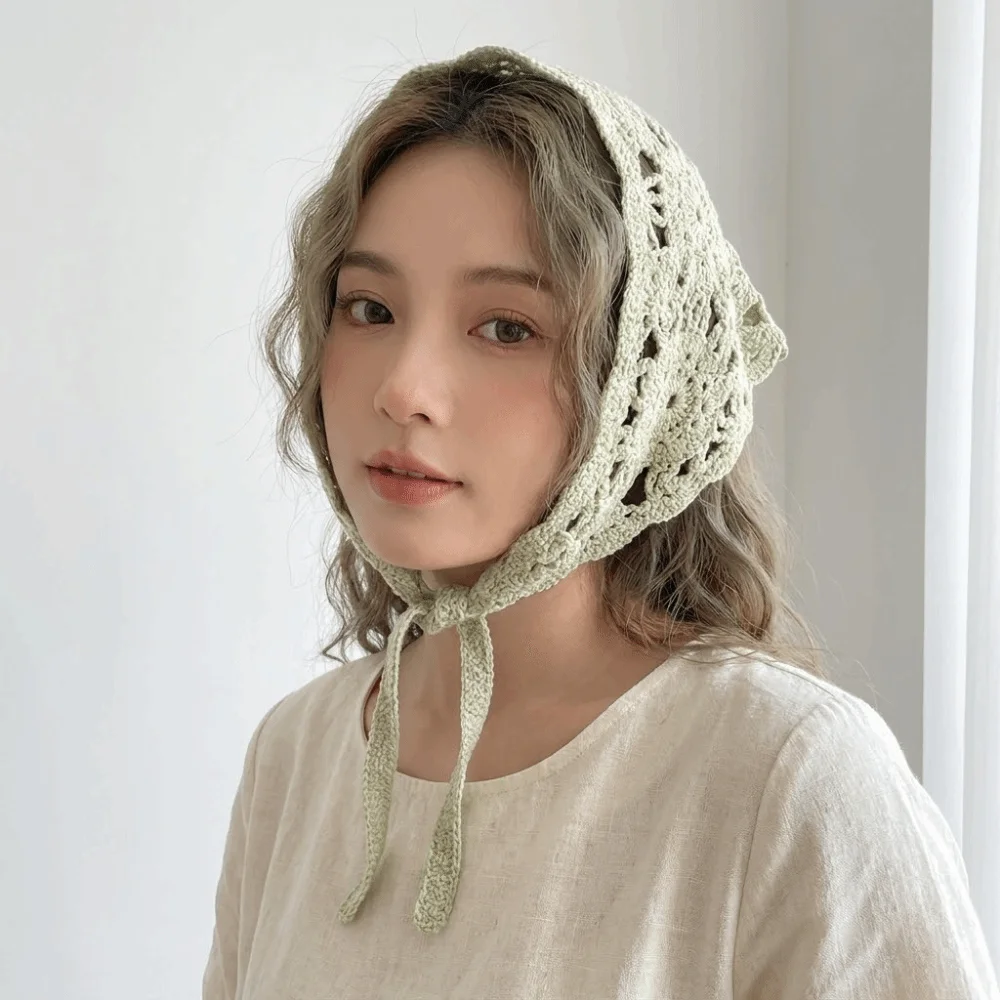 Sweet French Knitted Headband Floral Bohemian Women Hair Scarf Handmade Pastoral Style Triangle Turban Children