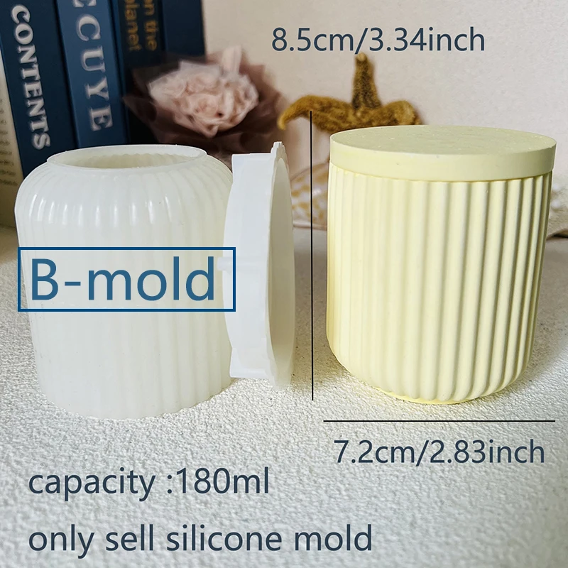 Cement Candle Jar Silicone Mold with Lid Simple Round Striped Concrete Storage Jar Mold Epoxy Resin Pen Holder Flowerpot Mold view 3