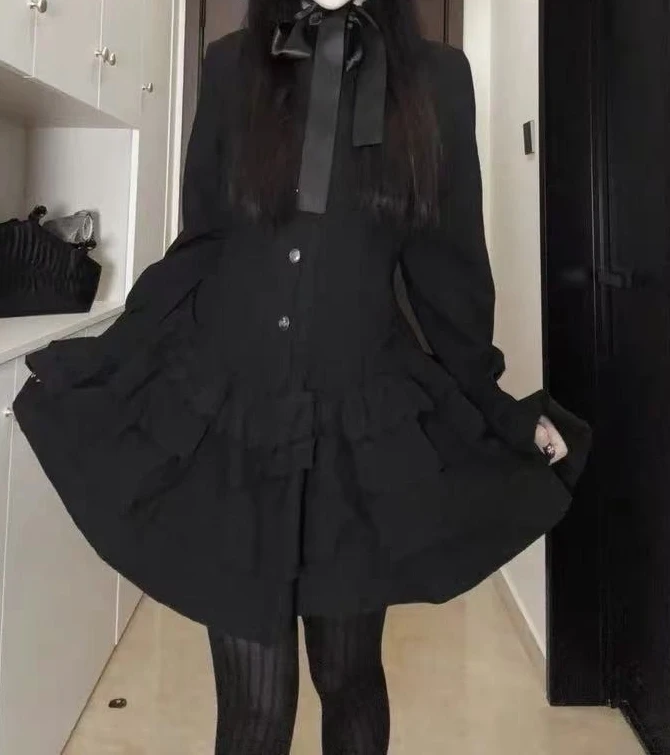 Y2k vintage gótico em camadas de renda mini vestido rua elegante preto lolita magro vestido de manga longa doce legal escuro roupas femininas