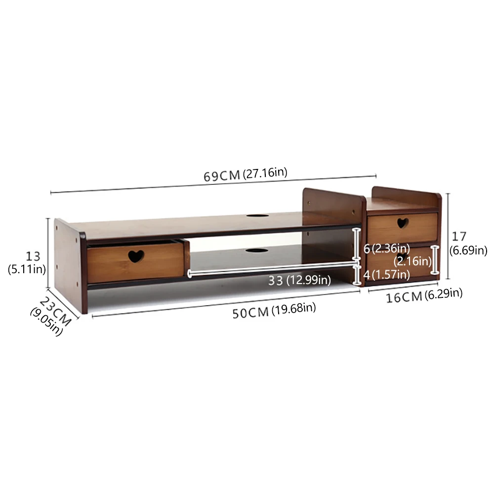 Computer Monitor Stand Laptop Stand Shelf with 2 Drawer Bamboo Computer Riser Office Desktop Laptop Support Organizer