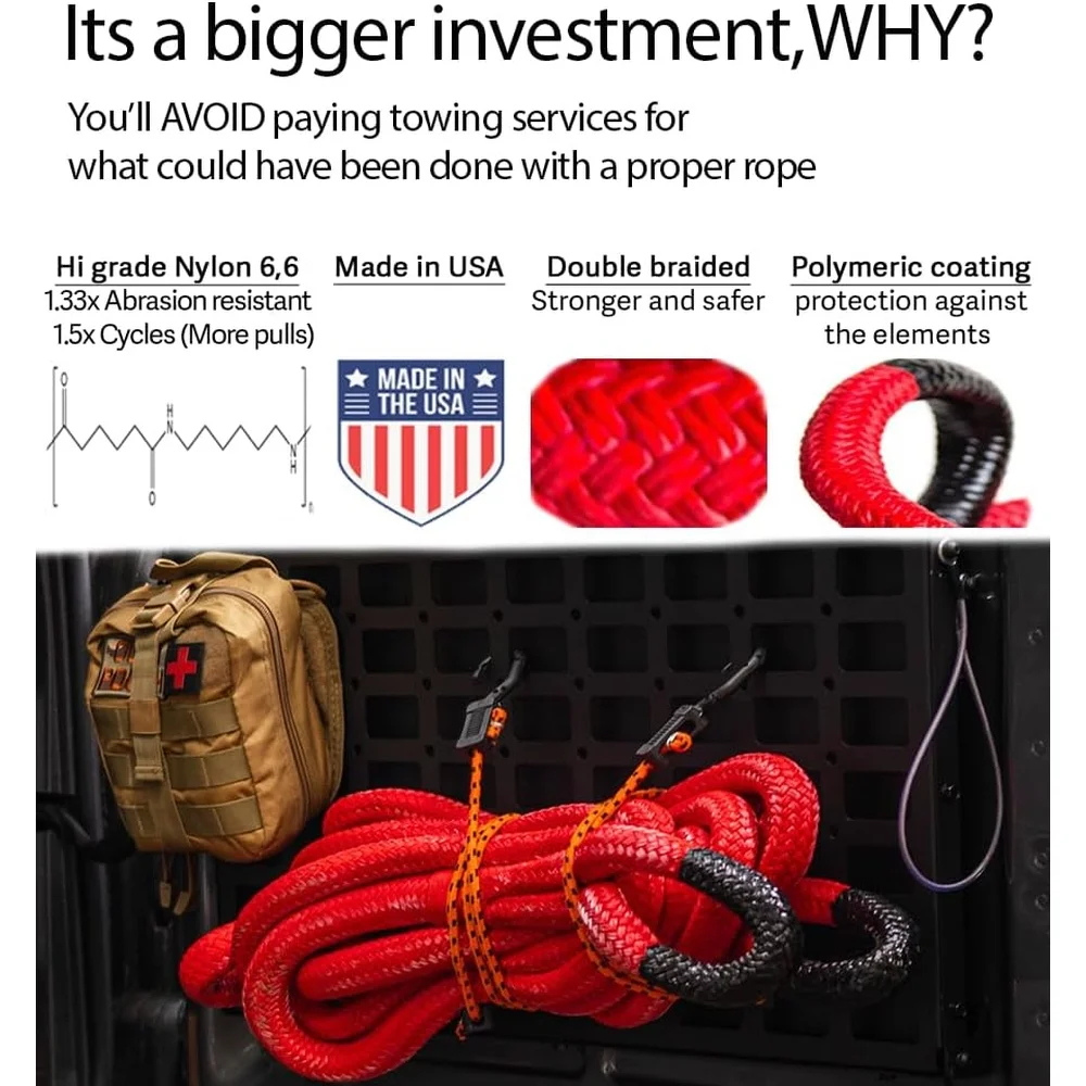 Kinetic Recovery Rope Made in The USA 7/8 x 30 Tow Rope Truck Heavy Duty Kinetic Tow Rope and Kits Recovery Straps Truck,Heavy