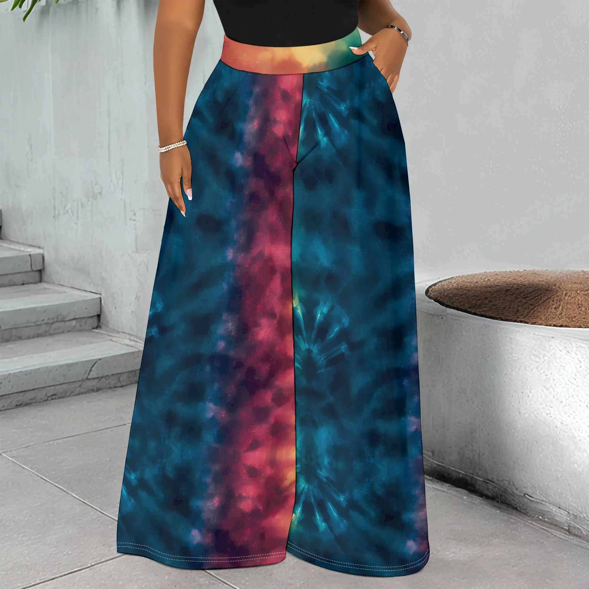 

Tie Dye Wide Leg Pants, Colorful Print Palazzo Trousers, Boho Casual High Waist Pants for Women, S-2XL