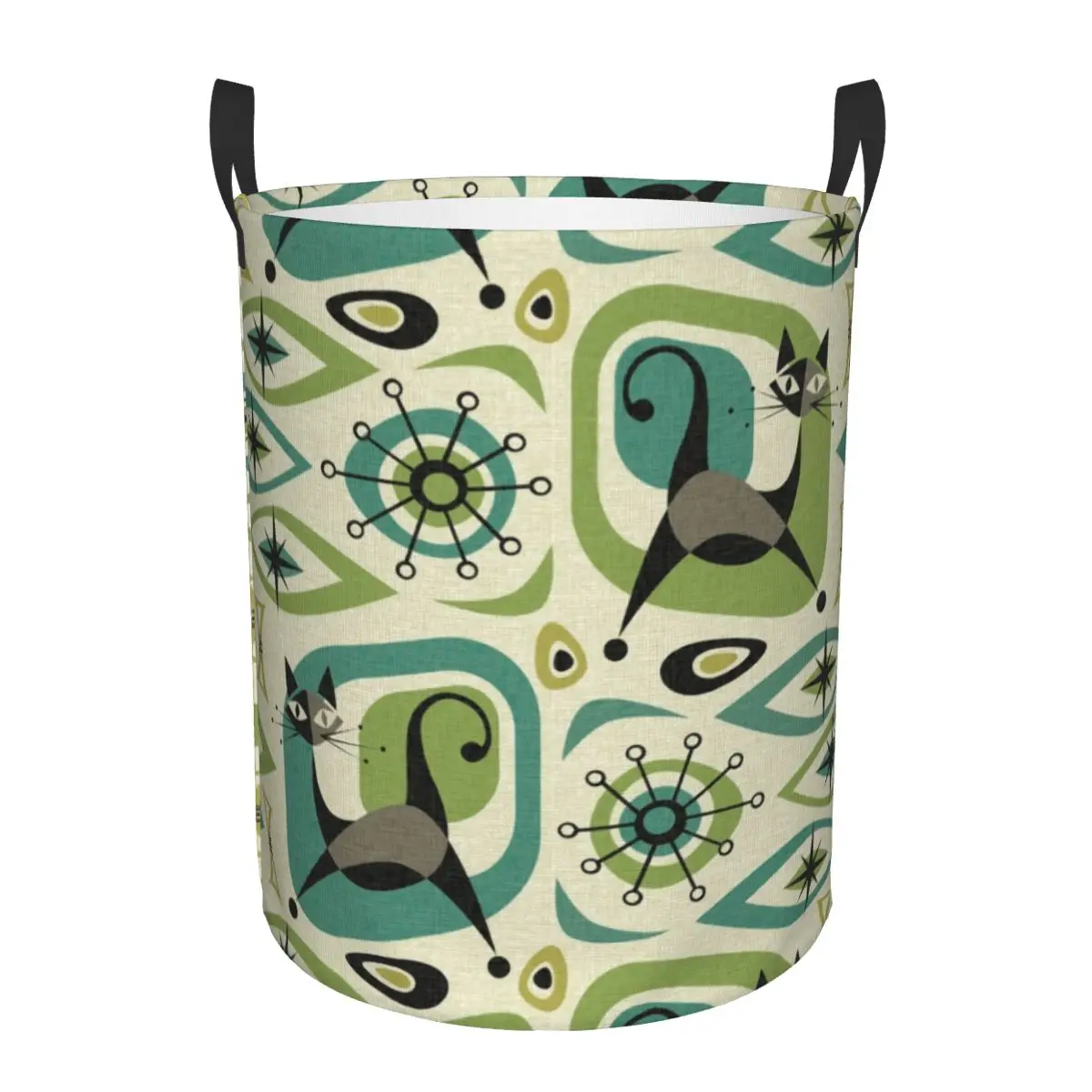 Mid Century Cat Abstract Laundry Basket Collapsible Lime and Teal Baby Hamper for Nursery Toys Organizer Storage Bins