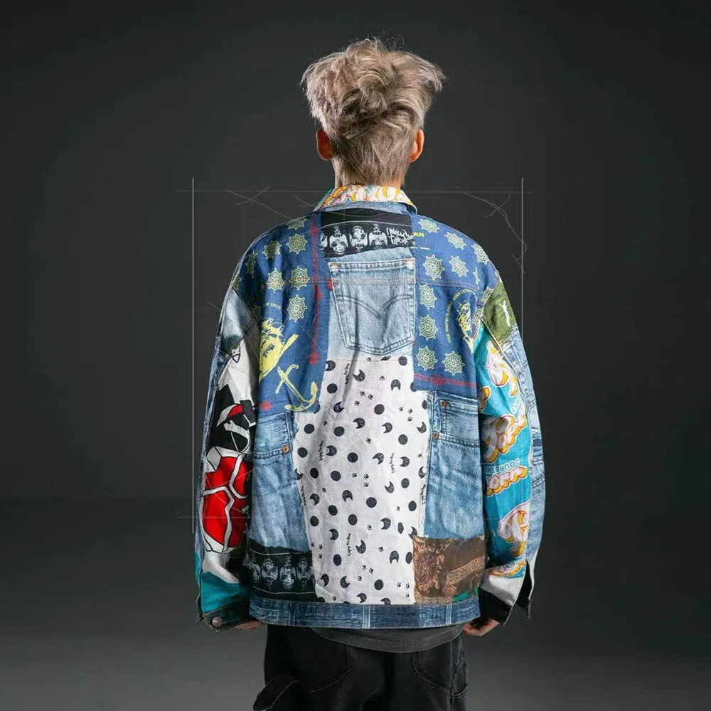 

Men's Digital Printing Stitching Long-Sleeved Denim Jacket American Retro Fashion Trend Street Hip-Hop Loose Niche Men's Tops